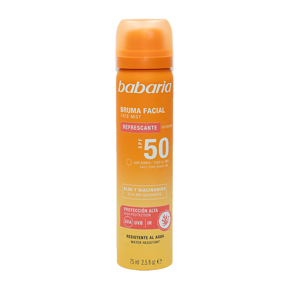 اسپری ضدآفتاب صورت بروما باباریا با SPF50 حجم ۷۵ میلی‌لیتر | محافظت بالا با آلوئه‌ورا و نیاسینامید، مقاوم در برابر آب و آرایش