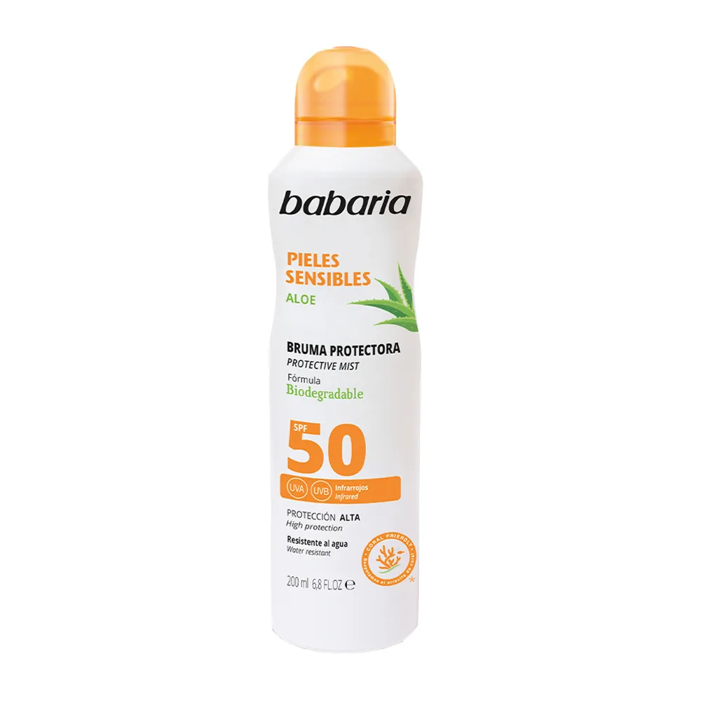 اسپری ضدآفتاب مخصوص پوست حساس باباریا با SPF50 حجم ۲۰۰ میلی‌لیتر | محافظت بالا با آلوئه‌ورا و نیاسینامید، مقاوم در برابر آب